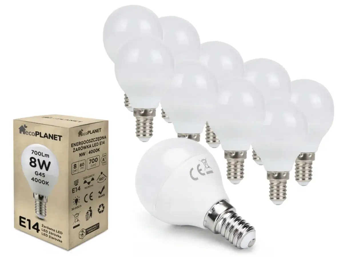 Żarówka G45 to mała, kulista żarówka LED o gwincie E14, idealna do lamp dekoracyjnych. Ten zestaw zawiera 10 sztuk.