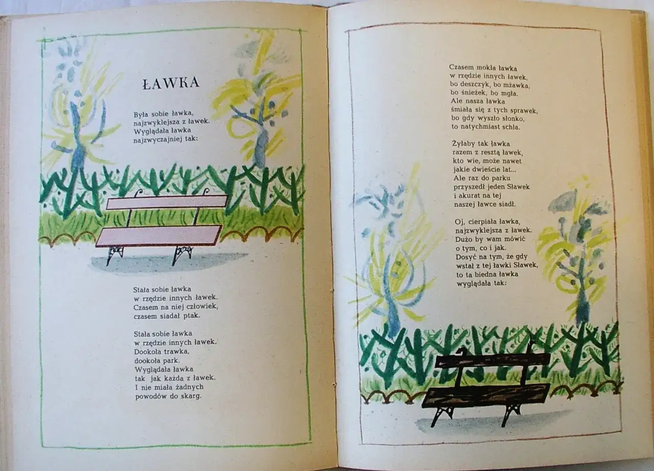 Ilustracja do wiersza Ludwika Jerzego Kerna "Ławka". Widać dwie ławki w parku, otoczone zielenią i drzewami.