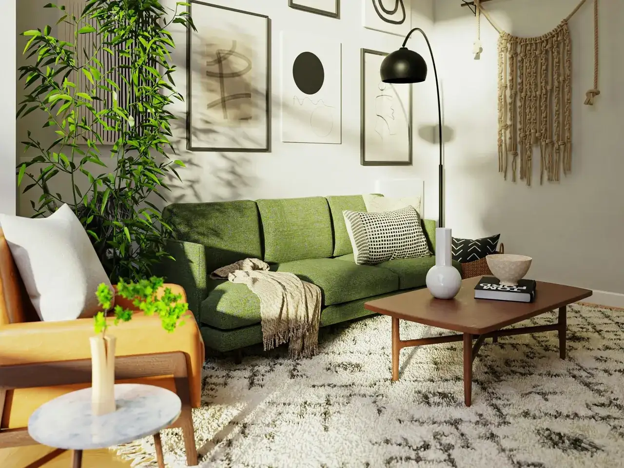 Zielona kanapa w salonie inspiracje: nowoczesny salon z zieloną kanapą, roślinami i sztuką na ścianach.