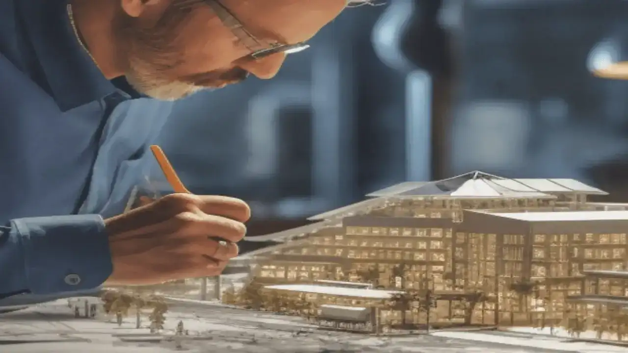 Architekt z ołówkiem pracuje nad modelem budynku.