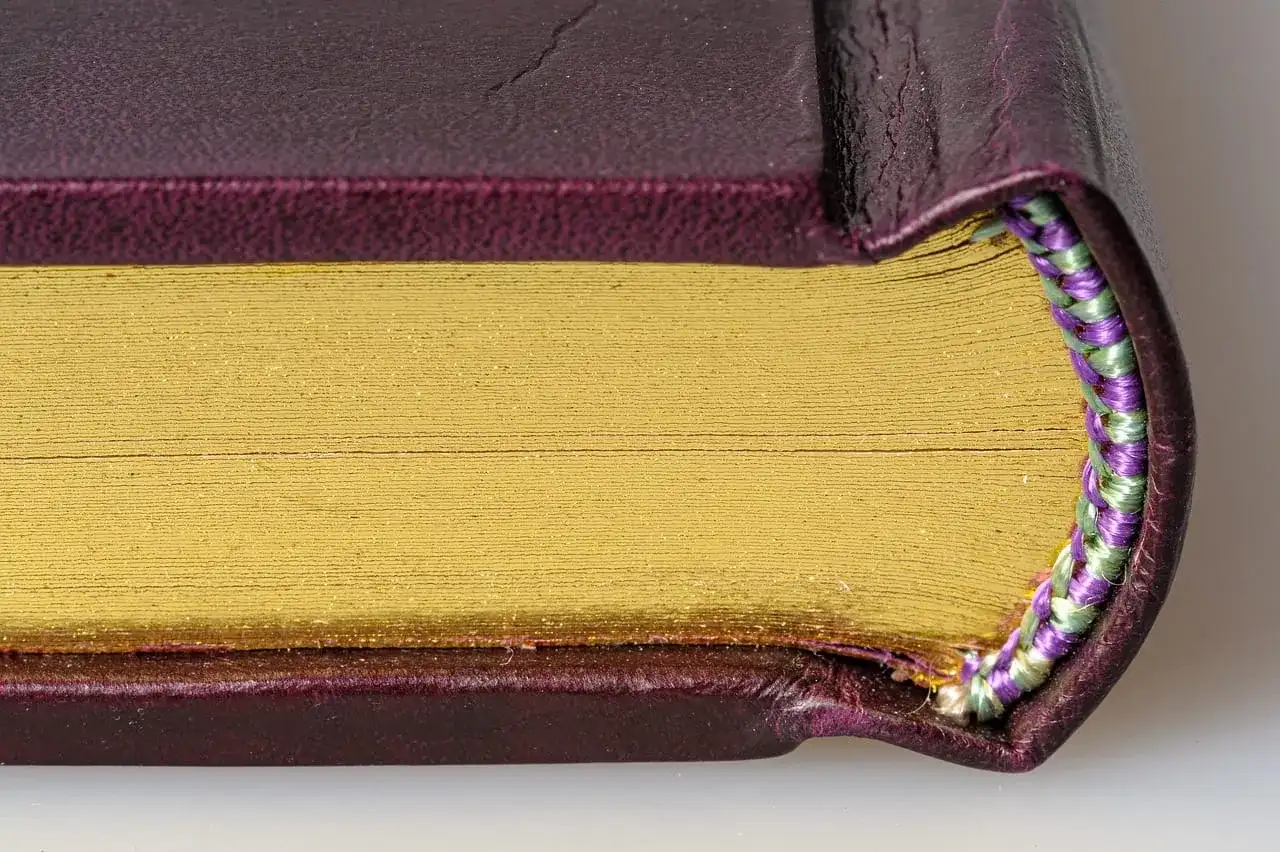 Złocone brzegi księgi, symbol wiedzy i trwałości. Fioletowa okładka i pleciony grzbiet dodają jej elegancji.