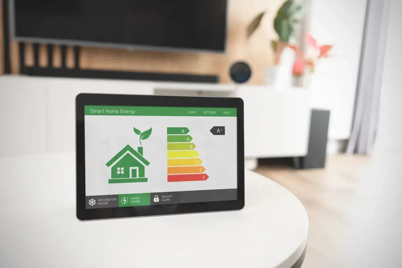 Tablet z aplikacją Smart Home Energy pokazuje skalę efektywności energetycznej, gdzie najniższa klasa energetyczna to F.