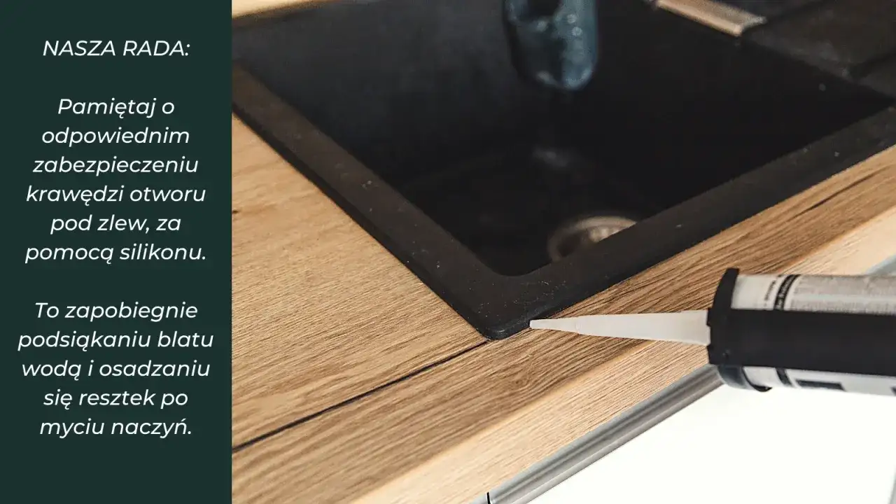 Uszczelnianie silikonem krawędzi zlewu w blacie kuchennym.
