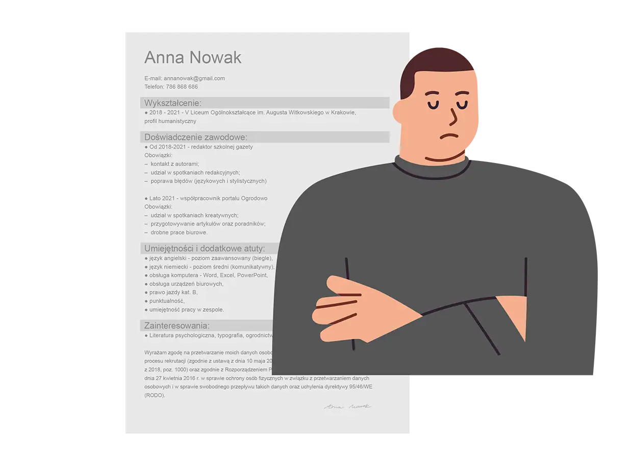 Ilustracja przedstawia fragment CV i zmartwionego mężczyznę.