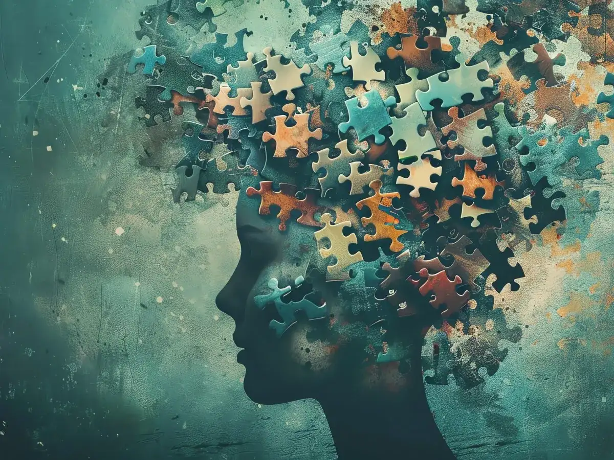 Profil kobiety z głową złożoną z elementów układanki w odcieniach zieleni i brązu.