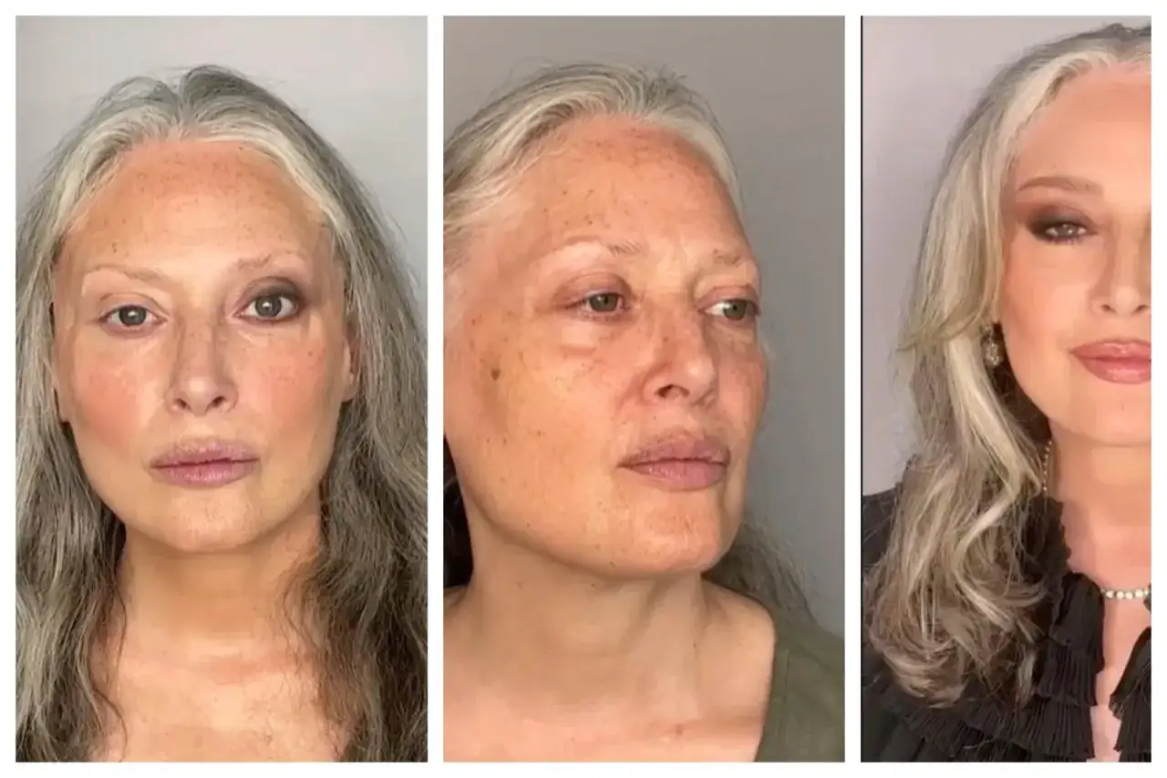 Przed i po: metamorfoza makijażu po 60-tce. Elegancki makijaż podkreśla urodę dojrzałej kobiety.