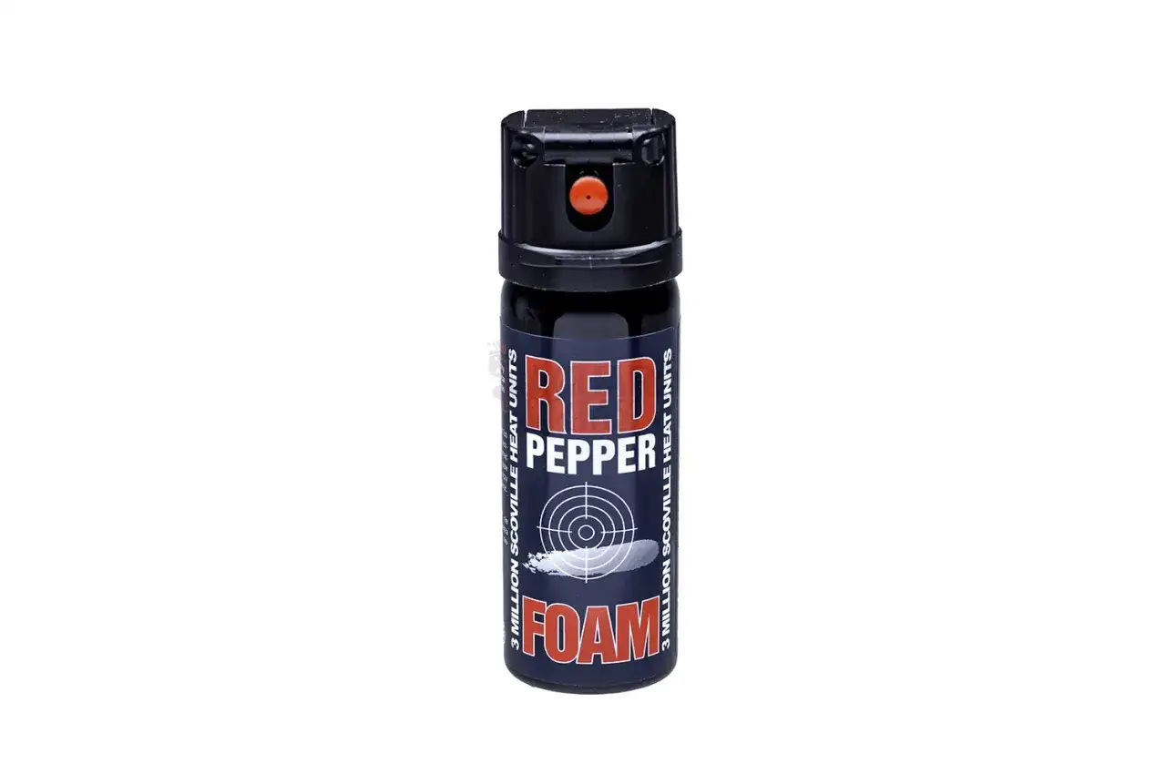 Puszka gazu pieprzowego "RED PEPPER FOAM" z celownikiem i napisem "3 MILLION SCOVILLE HEAT UNITS".