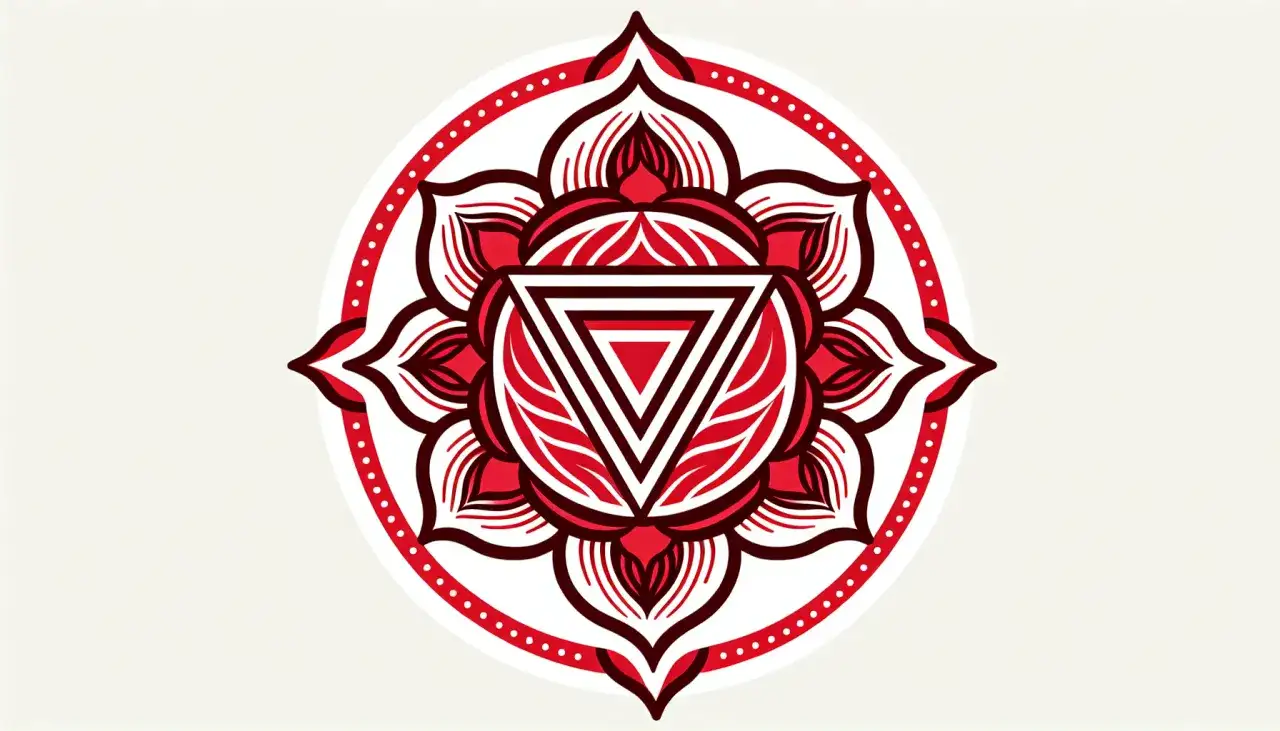 Czerwona mandala z trójkątem w środku, symbolizująca czakrę.