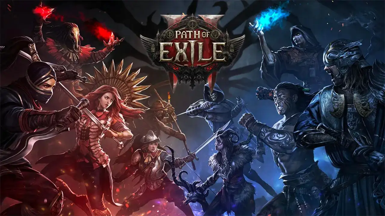 Postacie z Path of Exile w dynamicznej walce, gotowe do akcji. Spolszczenie gry dodaje głębi tej mrocznej fantastyce.