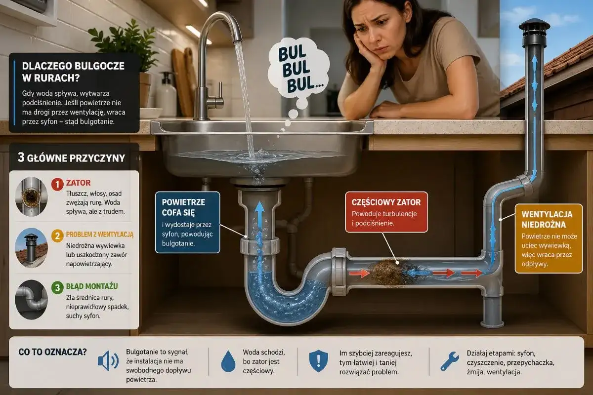 Problem z wentylacją pionu powoduje bulgotanie w rurach. Powietrze nie ma ujścia i wraca przez syfon.