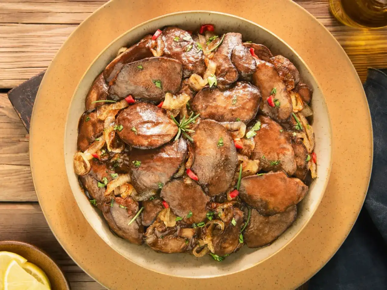 Smażona wątróbka z cebulą i papryczką chili na talerzu.