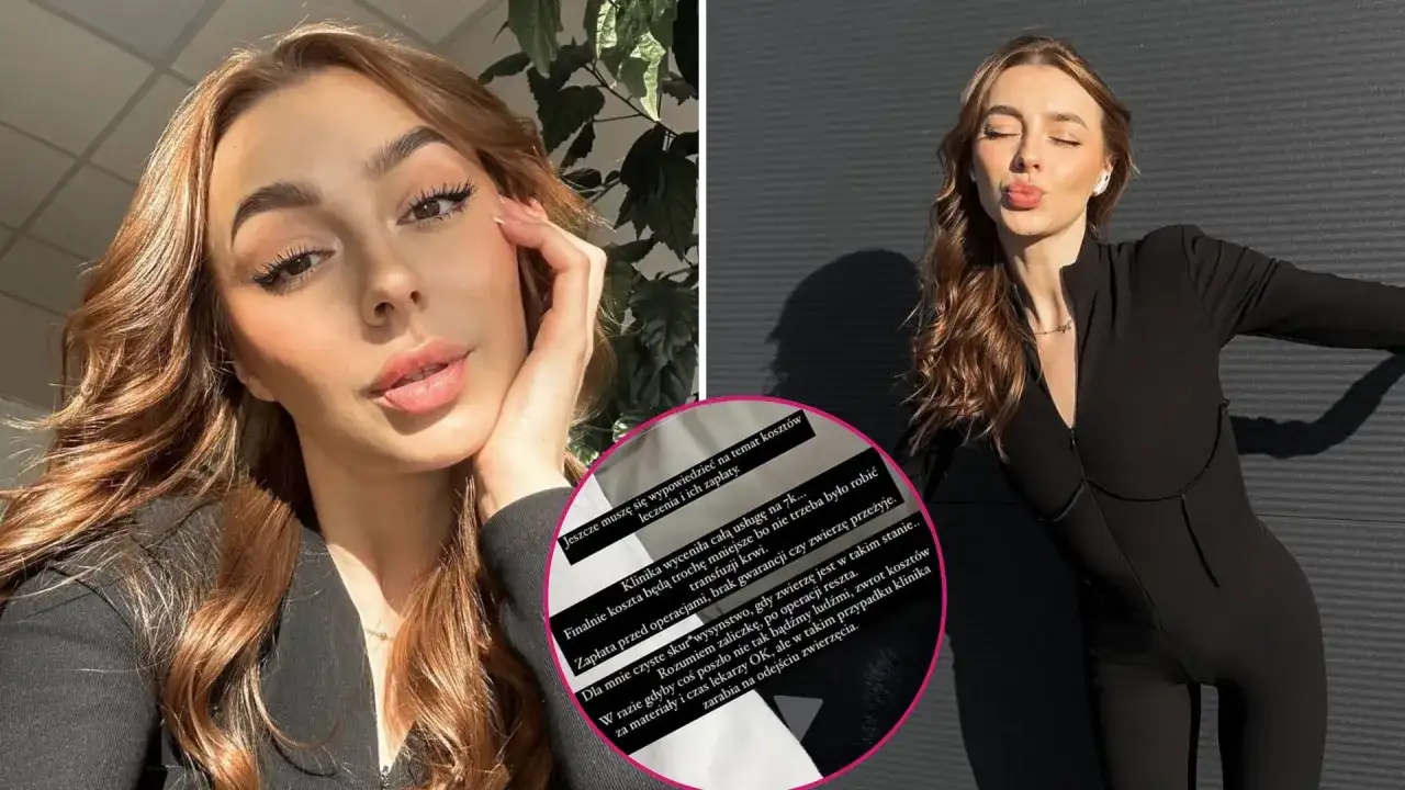 Dwie fotografie młodej kobiety, jedna z bliska, druga w czarnym kombinezonie, z tekstem na okrągłym tle.