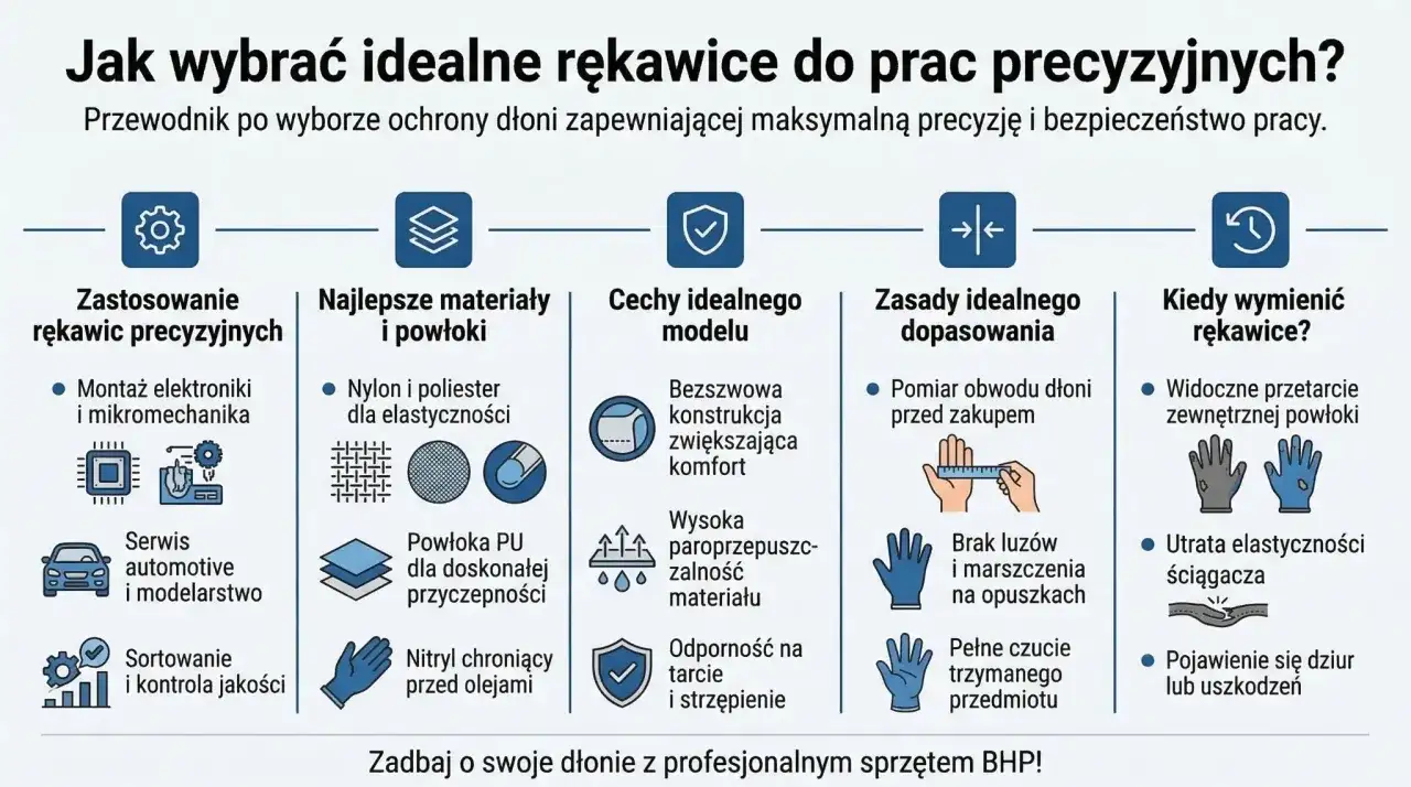 Przewodnik po wyborze rękawic do prac precyzyjnych: zastosowanie, materiały, cechy, dopasowanie i kiedy wymienić. Idealne rękawice do szlifowania zapewnią komfort i bezpieczeństwo.