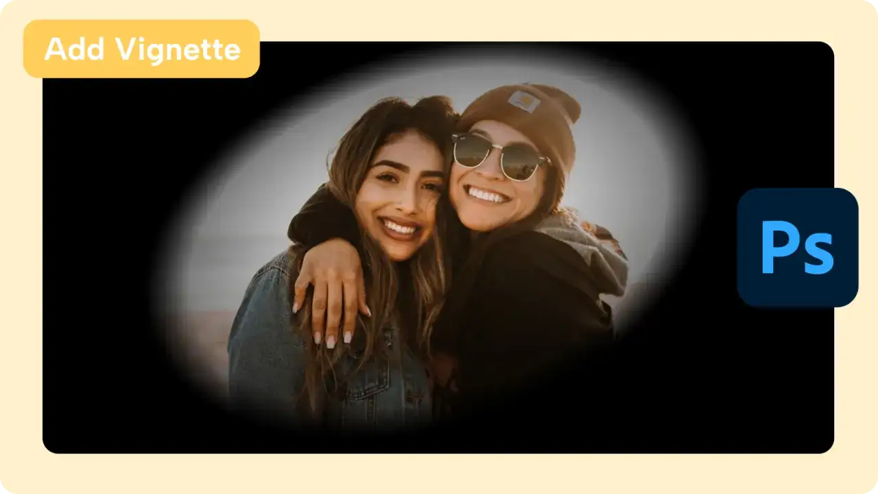 Dwie uśmiechnięte kobiety obejmujące się, z efektem winiety. Dowiedz się, jak zrobić winietę w Photoshopie.