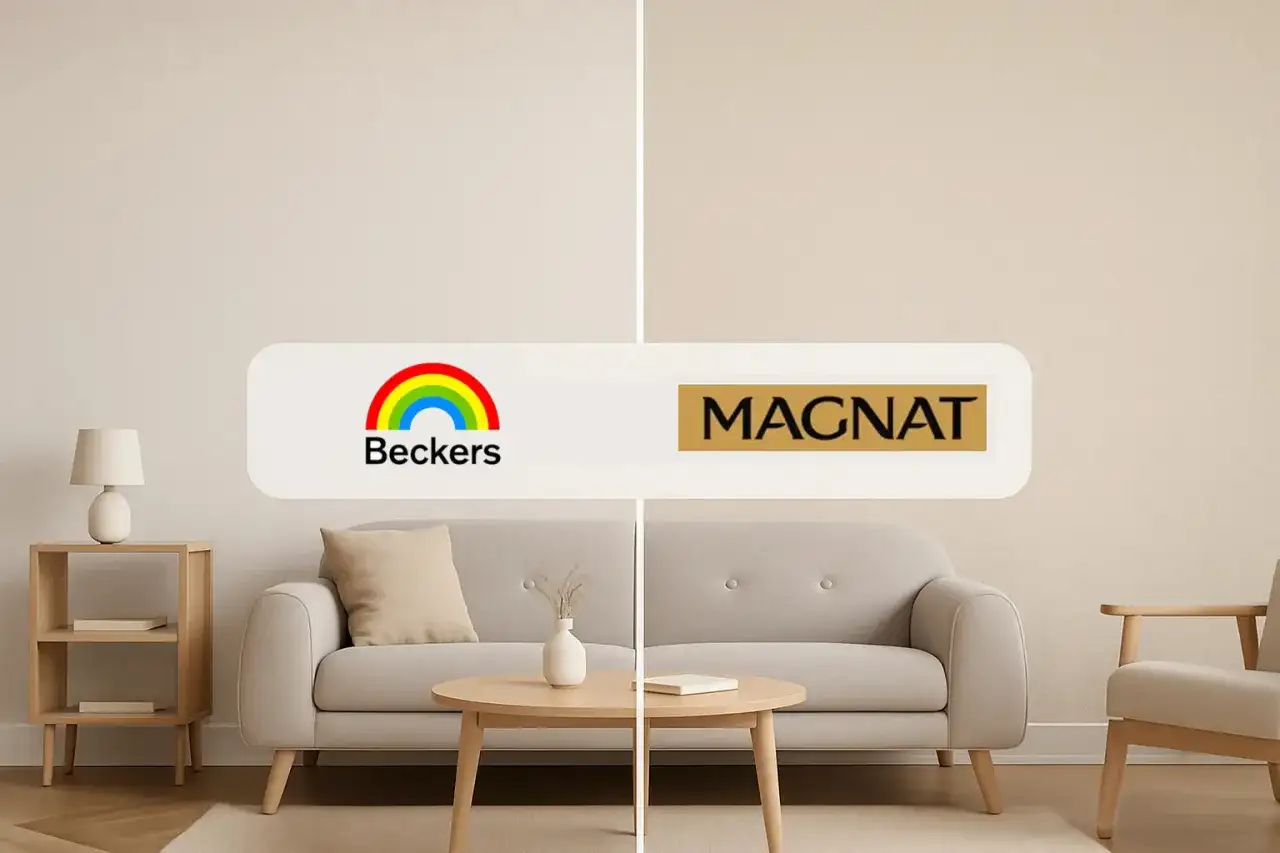 Porównanie odcieni ścian: Beckers vaggfärg i Magnat. Eleganckie wnętrze z sofą i stolikiem.