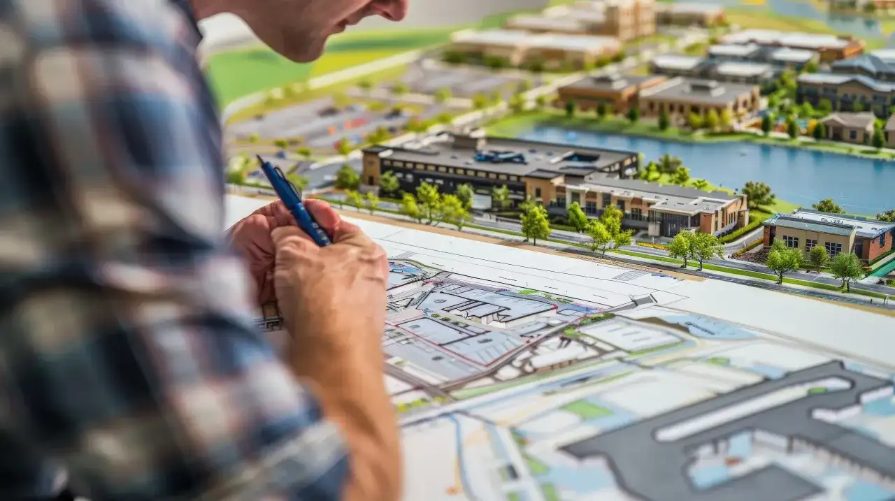 Architekt analizuje plany, by dowiedzieć się, jak sprawdzić plan zagospodarowania przestrzennego działki. Na stole makieta osiedla.