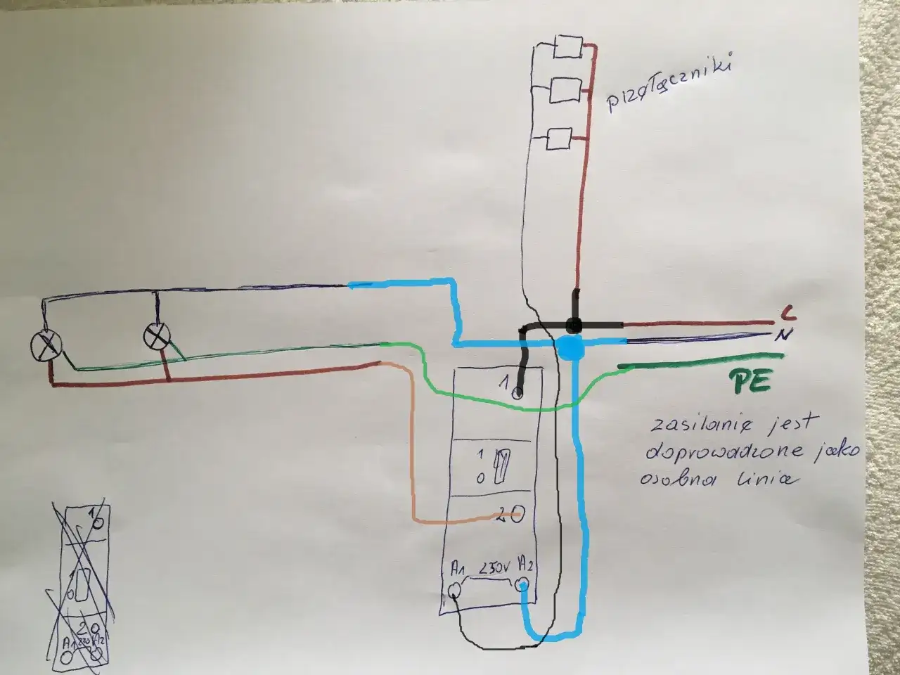 Schemat podłączenia przekaźnika bistabilnego do sterowania oświetleniem. Zasilanie 230V, przewody fazowy (brązowy), neutralny (niebieski) i ochronny (zielony).