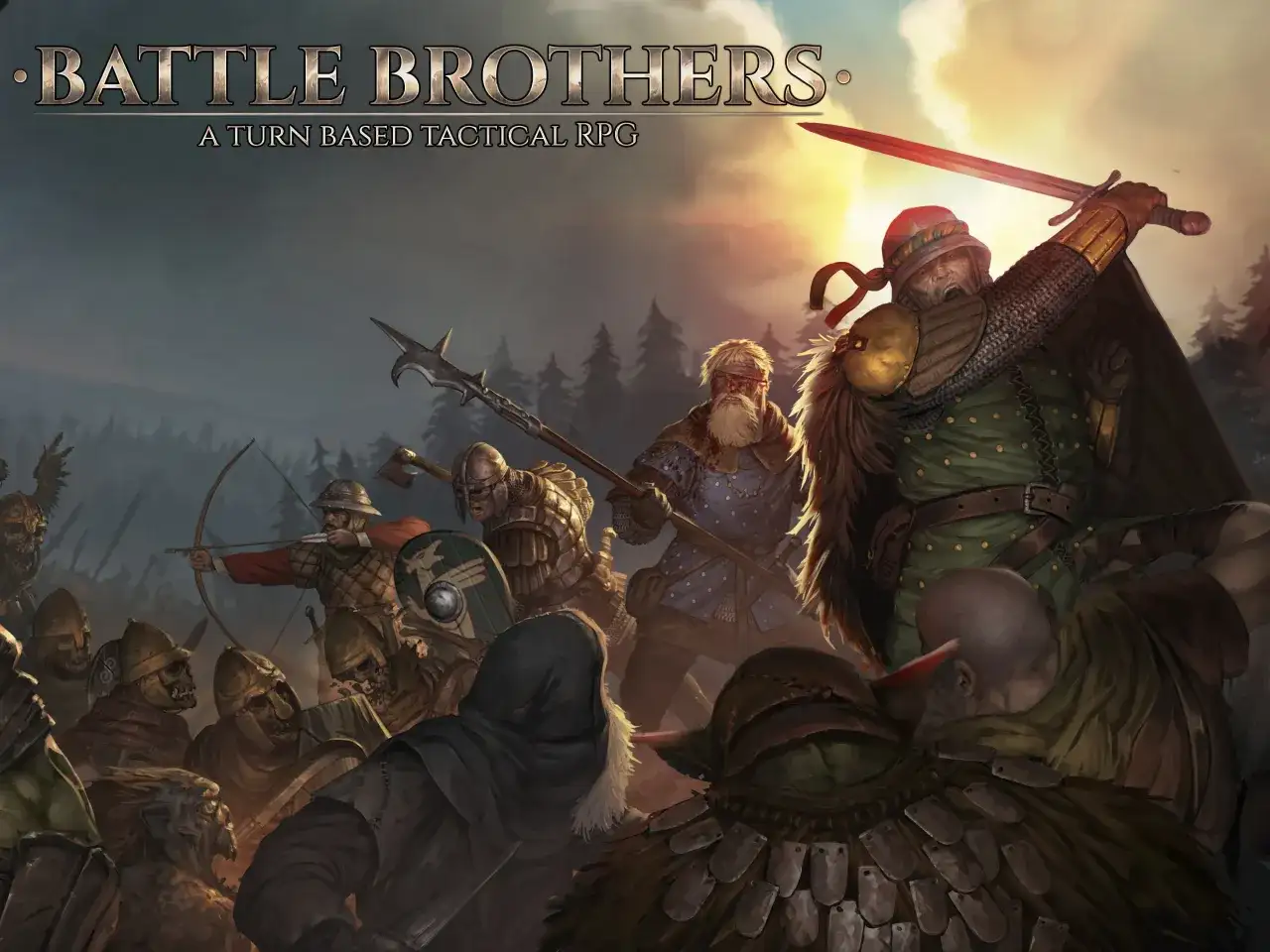 Zacięta bitwa w grze Battle Brothers. Zbrojni wojownicy walczą z potworami, łucznicy celują, a miecz lśni w słońcu.