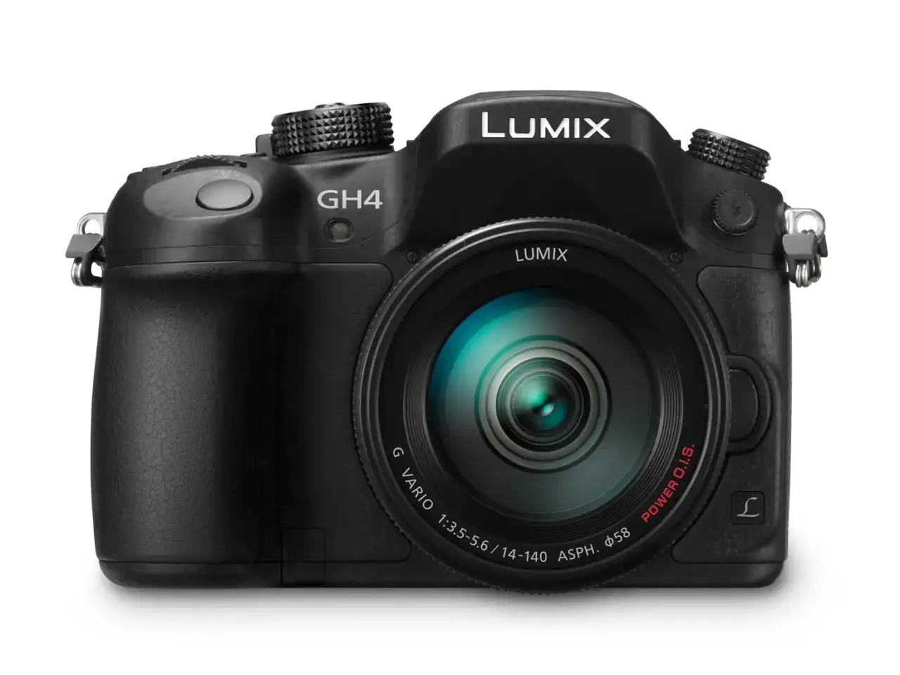 Czarny aparat Panasonic Lumix GH4 z obiektywem G Vario.