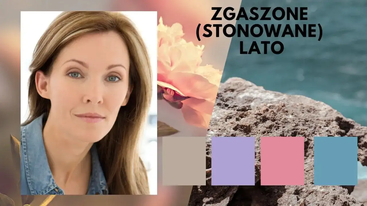 Kobieta z zgaszone lato włosy, obok kwiat i kamienie. Paleta barw.