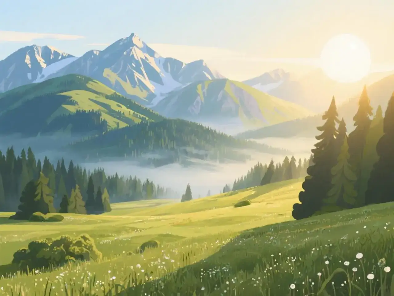 Poranek w Tatrach. Słońce wschodzi nad zielonymi zboczami, mgła spowija doliny, a na pierwszym planie kwitną polne kwiaty.