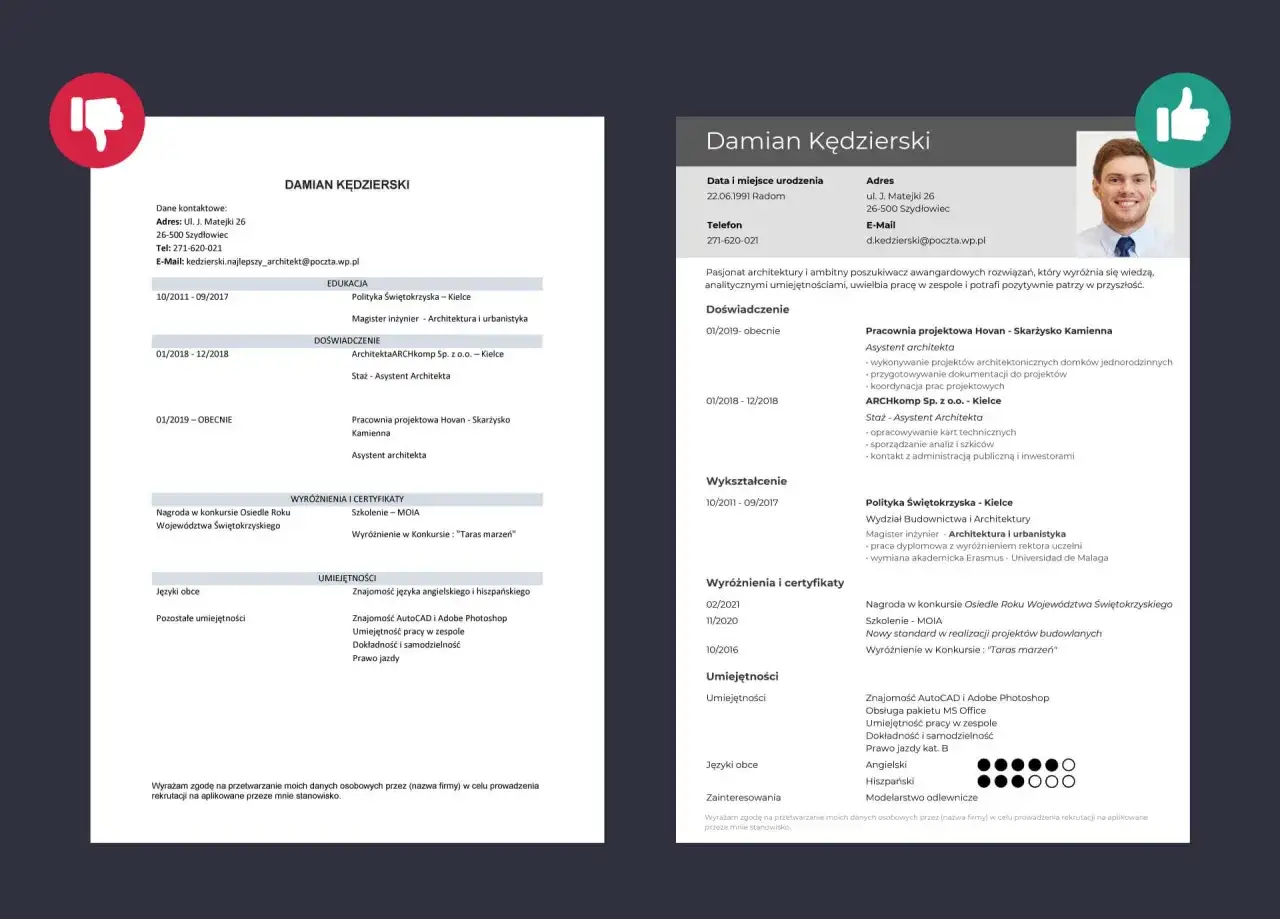 Zdjęcie przedstawia przykładowe CV architekta Damiana Kędzierskiego z elementami graficznymi.