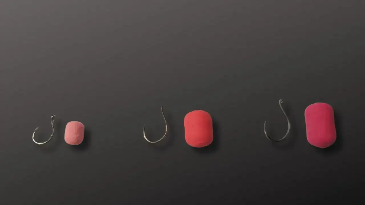 Trzy zestawy haczyków wędkarskich z przynętami w różnych rozmiarach na ciemnym tle.