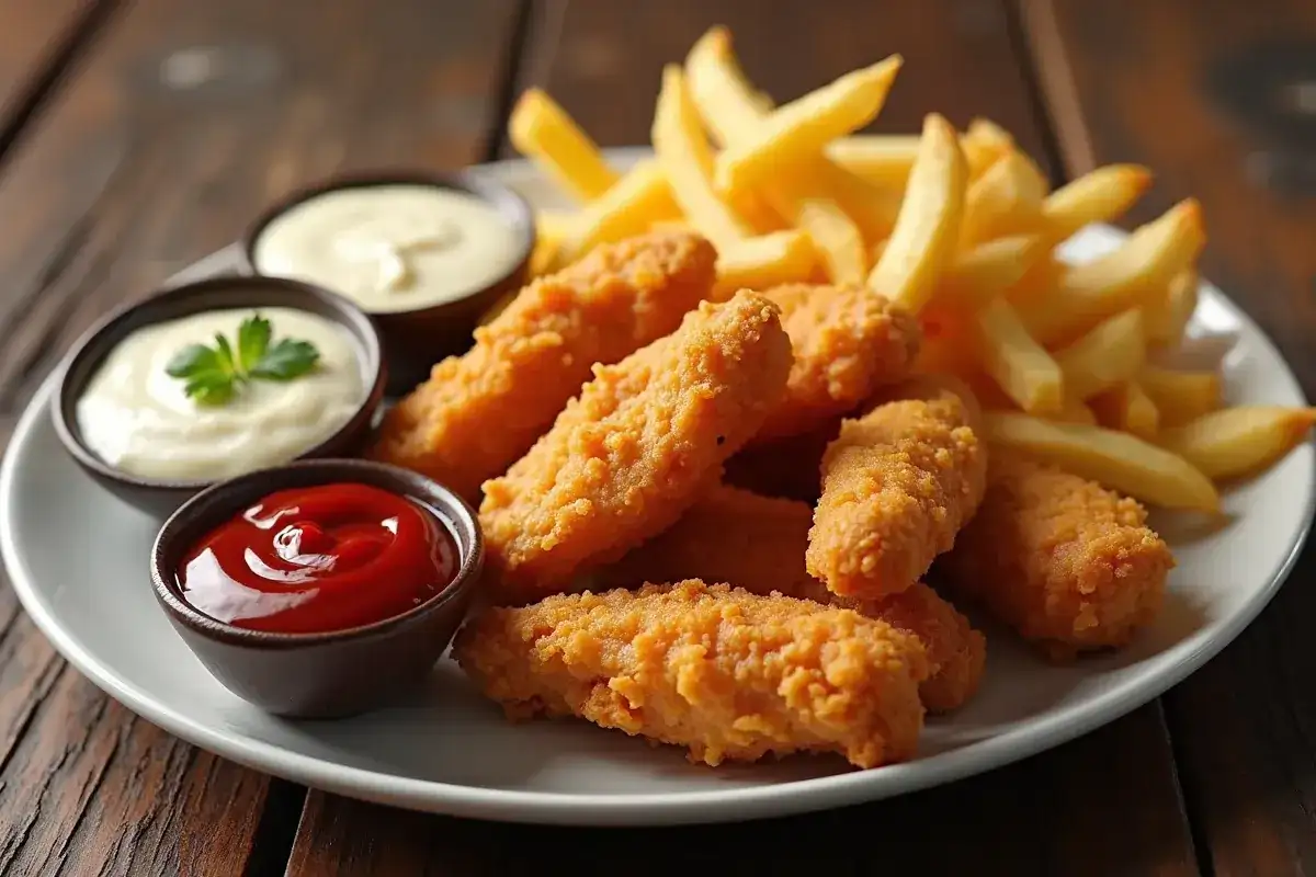Chrupiące kawałki kurczaka i frytki z sosem ketchup i majonezem na talerzu.