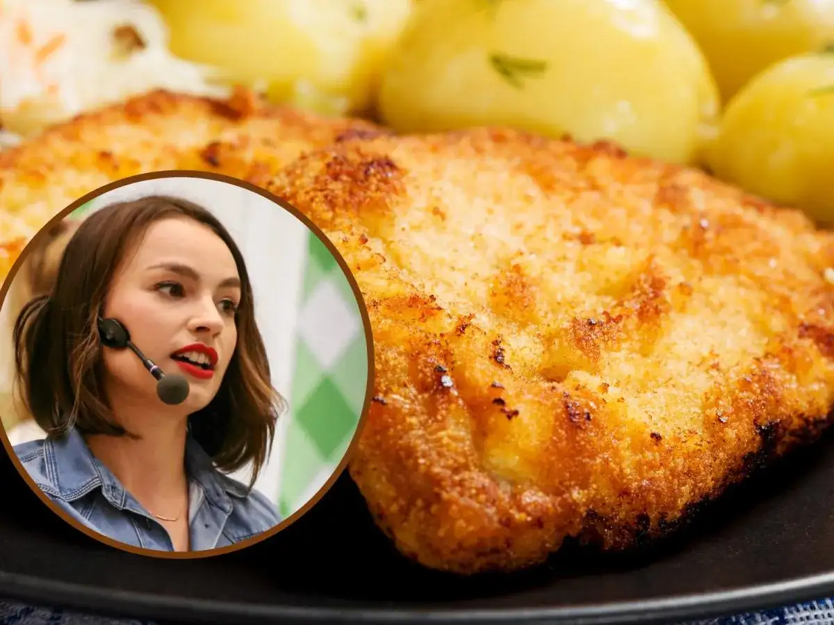 Kobieta z mikrofonem radzi, ile sztuk mięsa na osobę na imprezę, gdy na talerzu widać pysznego kotleta i ziemniaki.