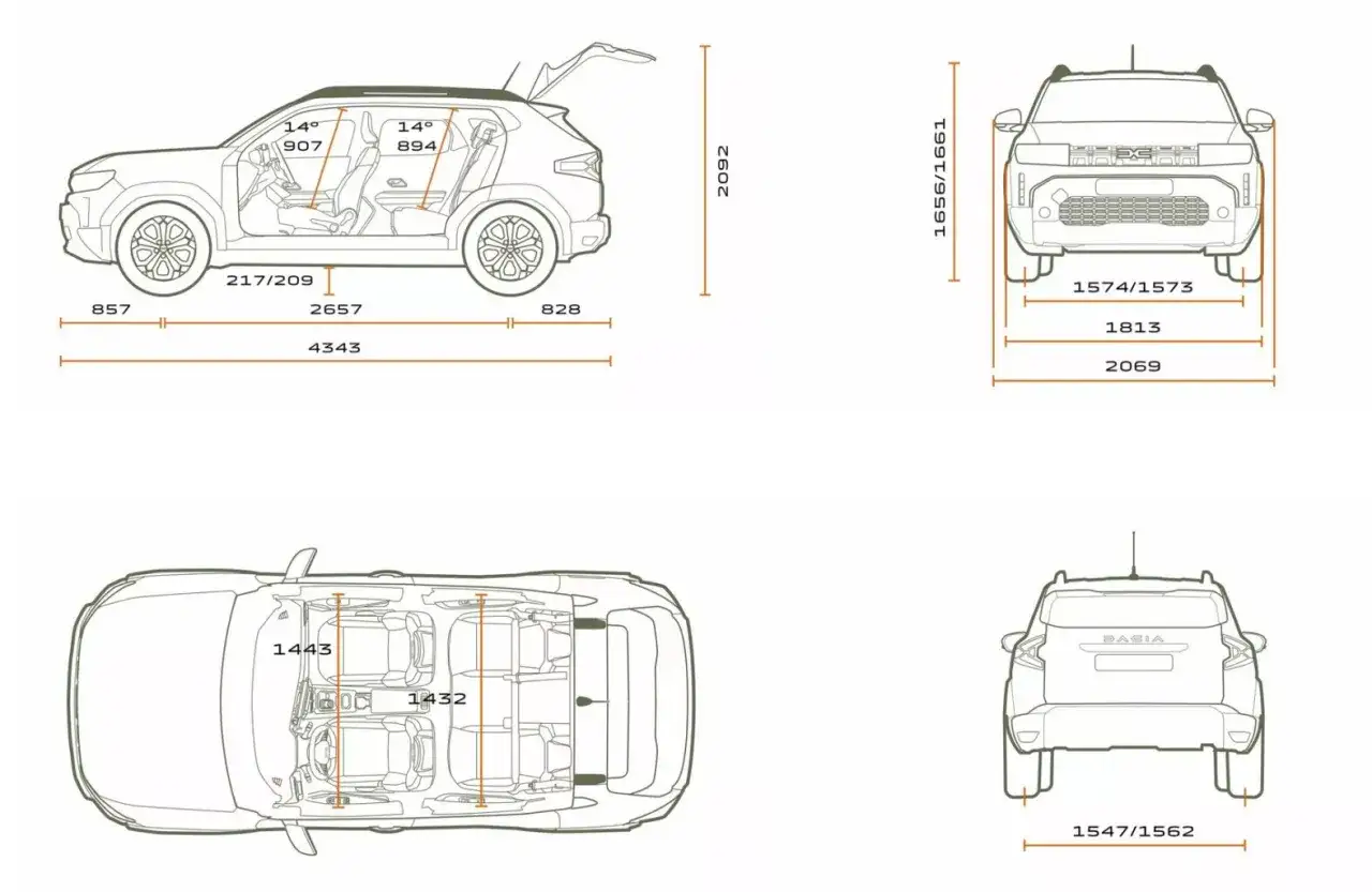 Schemat Dacia Duster z wymiarami. Widok z boku pokazuje długość 4343 mm, a z góry szerokość wnętrza 1443 mm.
