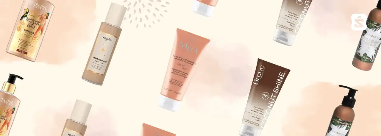 Kolekcja balsamów rozświetlających z drobinkami: Eveline Brazilian Body, Resibo Mastertouch, MIYA Glow Me, Lirene Coconut Shine i Lash Brow.