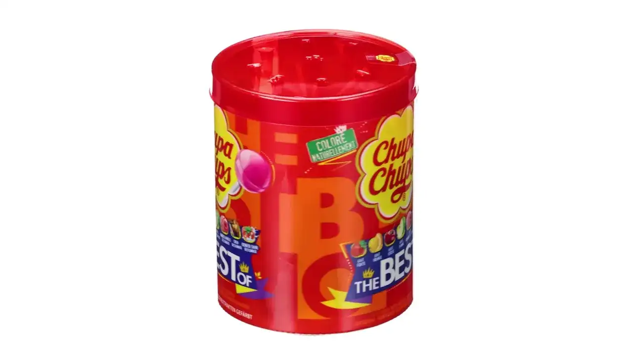 Czerwony pojemnik z napojami Chupa Chups, z logo i grafikami.