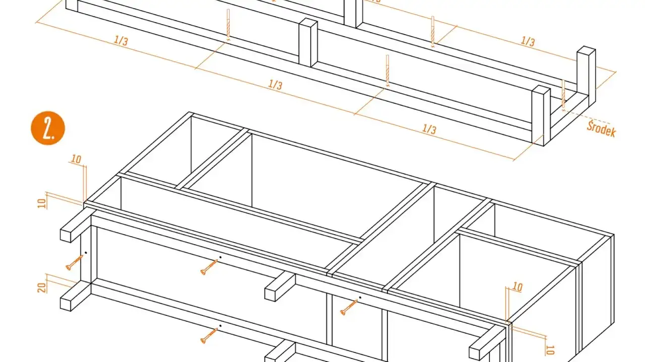 Ilustracja techniczna przedstawiająca schemat budowy regału z profili, z wymiarami i oznaczeniami.