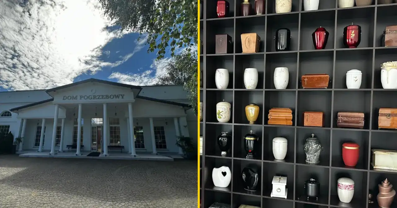 Dom pogrzebowy i regały z urnami.