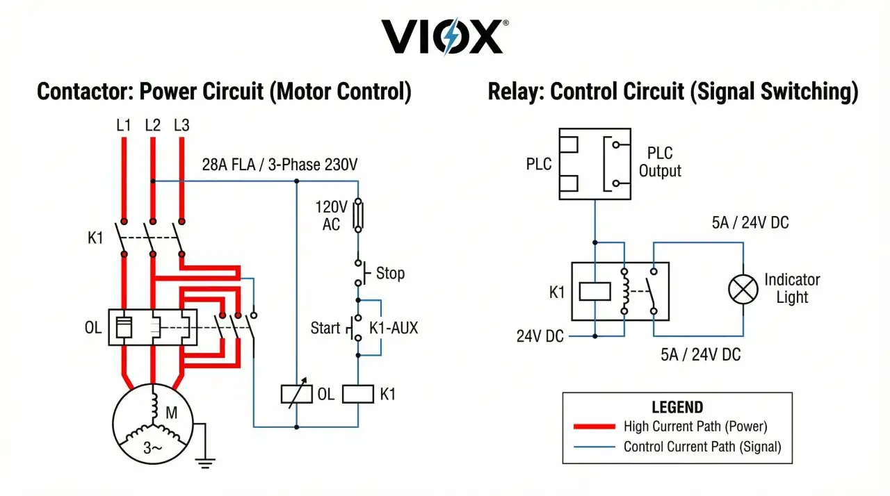 Schemat podtrzymania stycznika K1 w obwodzie mocy i sterowania. Pokazuje działanie stycznika zasilającego silnik i sygnalizację świetlną.