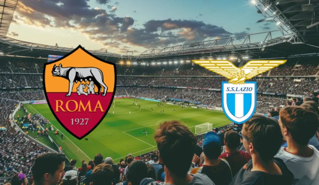 Stadion pełen kibiców, na murawie grają dwa kluby piłkarskie z Rzymu: AS Roma i SS Lazio.