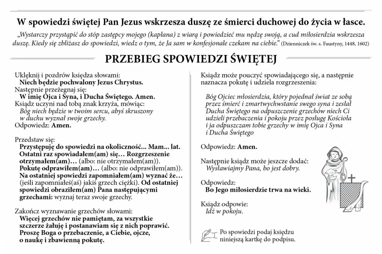 Fragment tekstu z instrukcją spowiedzi, z ilustracją kapłana z barankiem.