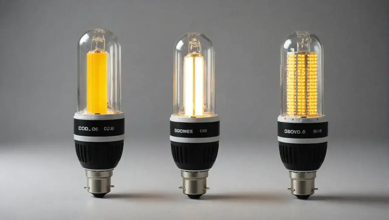 Trzy żarówki LED w szklanych obudowach, każda z innym odcieniem światła. Czy to oznacza, że cob to technologia?