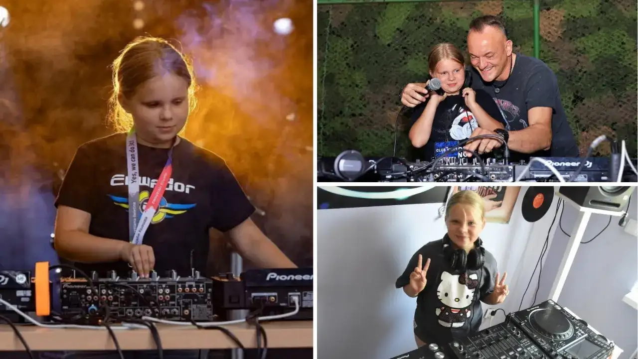 Młoda DJ-ka przy konsoli, z mężczyzną przy mikrofonie i z gestem pokoju.