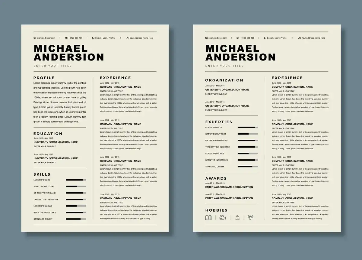 Dwa przykładowe szablony CV z sekcjami: profil, doświadczenie, edukacja, umiejętności, organizacja, ekspertyzy, nagrody i hobby.