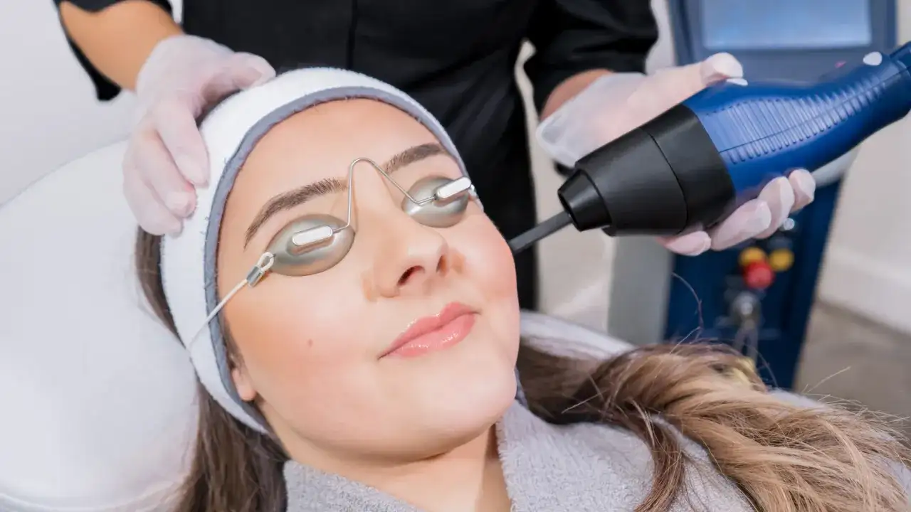 Kobieta w okularach ochronnych poddaje się zabiegowi laserem frakcyjnym na twarz.