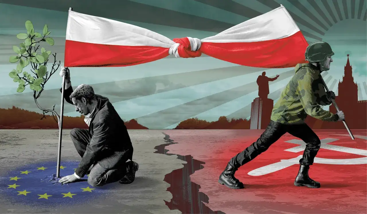 Symboliczna ilustracja Polski podzielonej między UE a Wschód, z ludźmi reprezentującymi różne obozy.