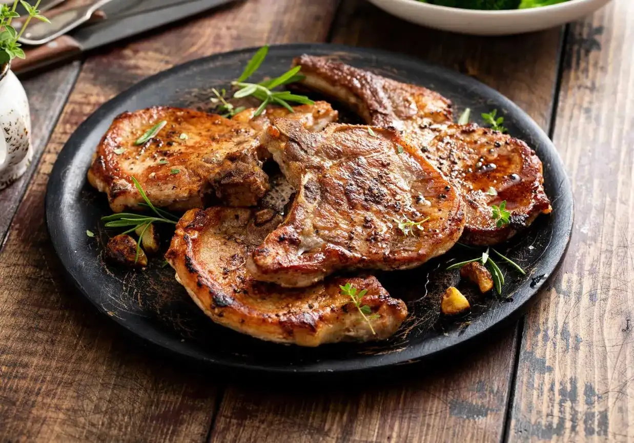 Grillowane kotlety z baraniny z ziołami na czarnym talerzu.