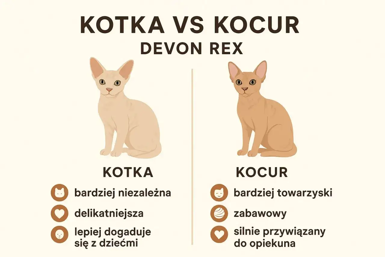 Ilustracja porównująca kotkę i kocura rasy Devon Rex, z ich cechami charakteru.