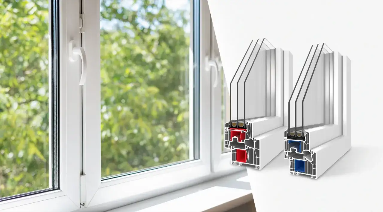 Przekroje okien pokazują, czy okna Veka są dobre. Widok na zieleń za oknem.