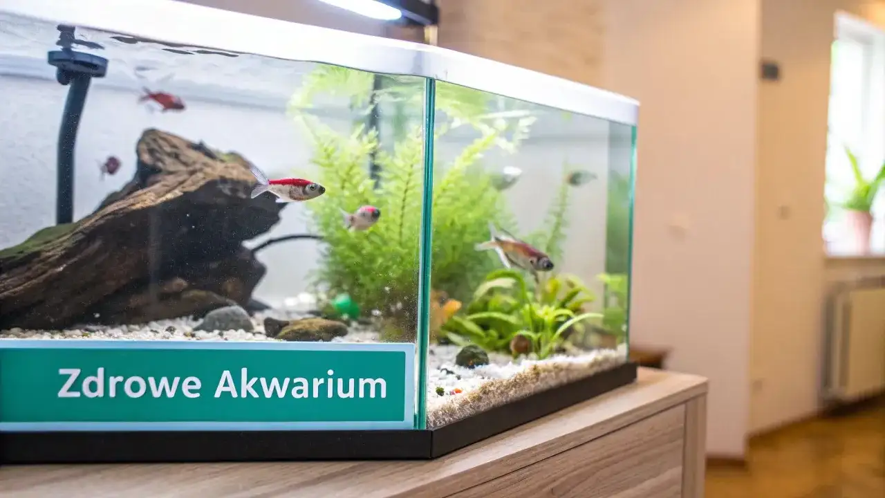 Akwarium z rybkami i roślinami, z napisem "Zdrowe Akwarium".