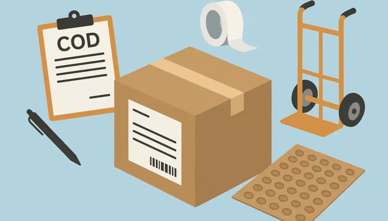 Paczka, dokument z napisem "COD", długopis, taśma, wózek i materiał ochronny.