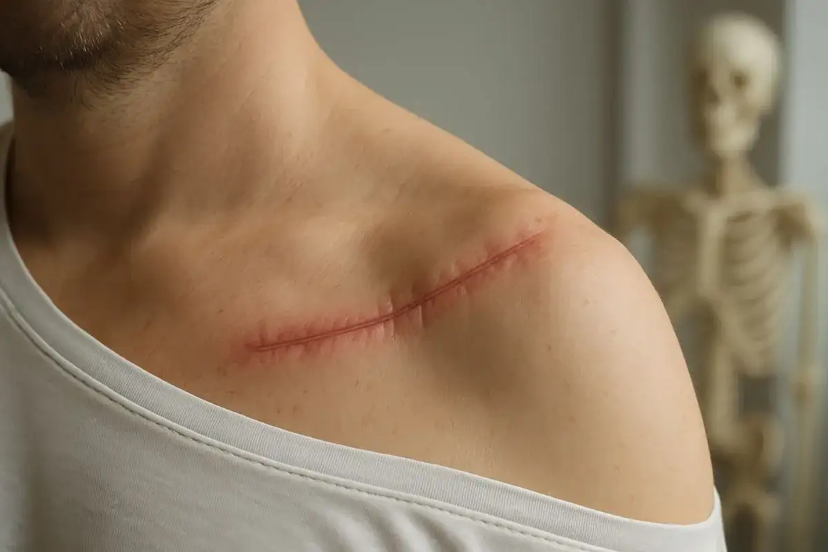Widok z bliska na bliznę po operacji obojczyka na ramieniu, w tle szkielet.