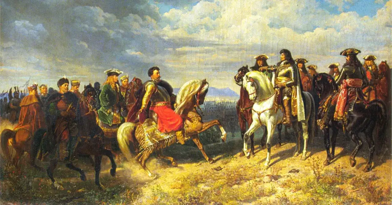 Obraz przedstawia Jana III Sobieskiego na koniu, otoczonego przez żołnierzy, na tle bitwy pod Wiedniem.