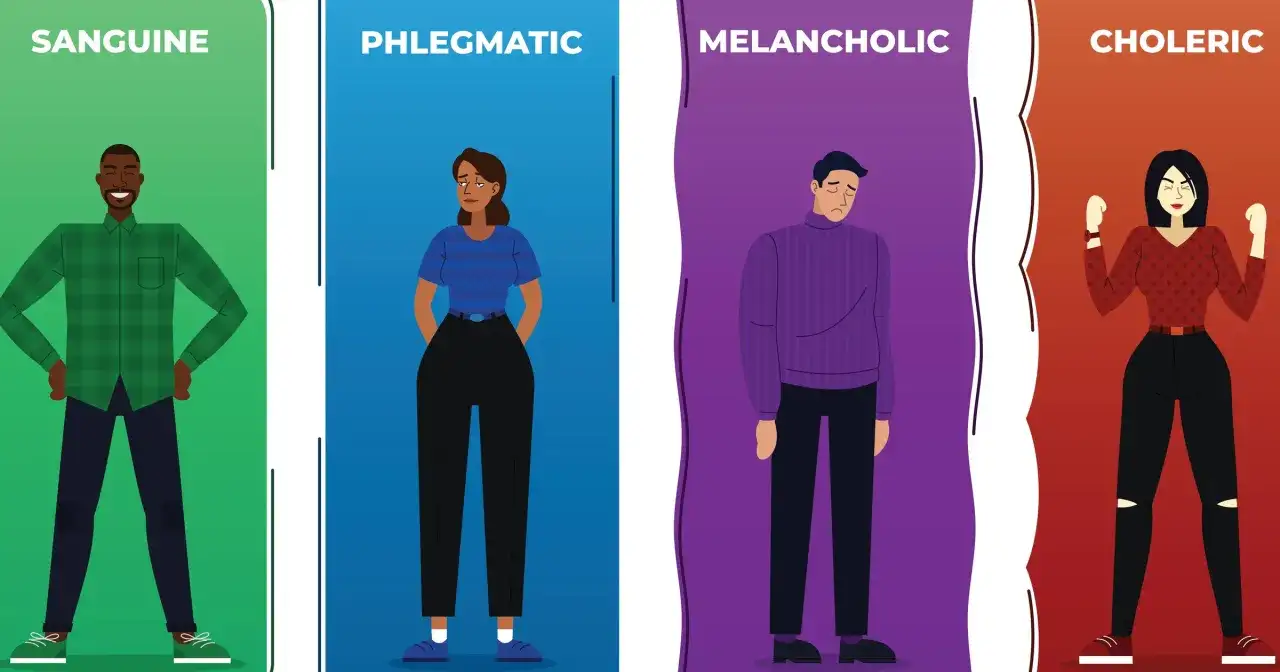 Ilustracja przedstawia cztery typy osobowości wg jung teorii: sangwinika, flegmatyka, melancholika i choleryka.